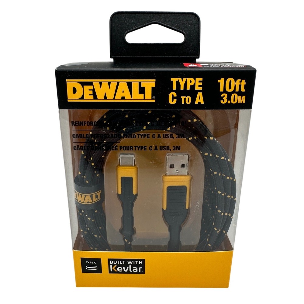 DeWALT USB-C to USB-A Cable 10ft Black Yellow NEW DXMA1311349 Kevlar Reinforced